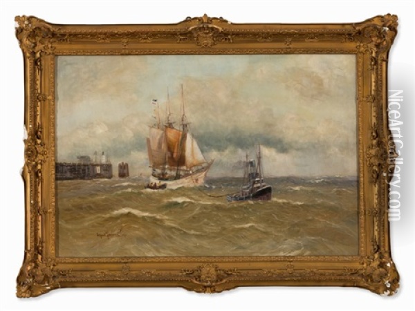 Sailboat With Tug Oil Painting - Alfred Serenius Jensen