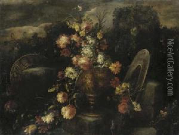 A Garland Of Roses, Carnations, Narcissi And Other Flowers In Abronze Urn On A Plinth Oil Painting - Elisabetta Marchioni Active Rovigo