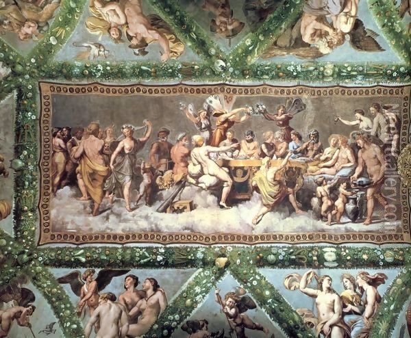 The Banquet of the Gods, ceiling painting of the Courtship and Marriage of Cupid and Psyche Oil Painting - Raphael (Raffaello Sanzio of Urbino)