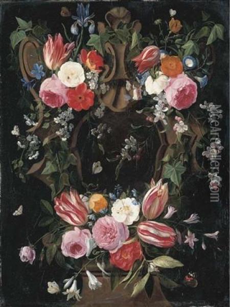 A Garland Of Tulips, Roses, 
Morning Glory, An Iris, Clematis And Other Flowers Surrounding A 
Sculpted Stone Cartouche With A Red Admiral, A Common Blue And Other 
Butterflies And Insects Oil Painting - Jan van Kessel