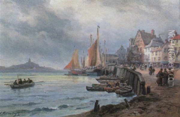 Port De Pornic En Bretagne (cotes Du Nord) Oil Painting - Charles Euphrasie Kuwasseg