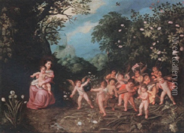 The Virgin And Child In A Landscape With Putti Holding Symbols Of The Passion Oil Painting - Peeter Van Avont