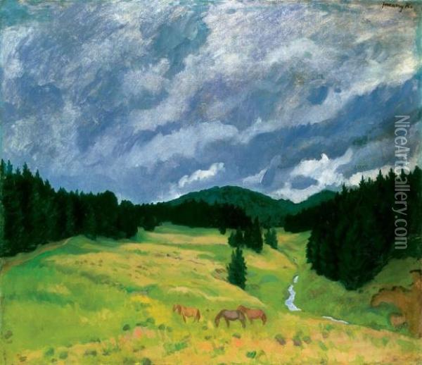 Cloudy Landscape (izvora With Pine-grove) Oil Painting - Karoly Ferenczy