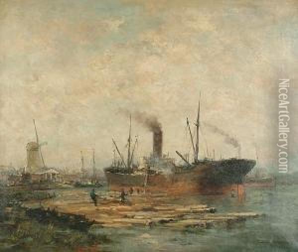 Loading Lumber In A Baltic Port Oil Painting - Jan Van Der Linde
