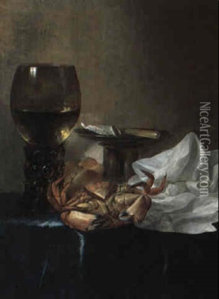 Still Life With Roemer, Tazza, Knife And Crab On A Draped Table Oil Painting - Cornelis Cruys