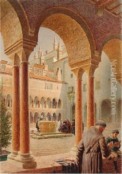 From The Cloister Of The Cathedral Of Verona Oil Painting - Adolf Heinrich Claus Hansen