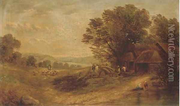 Timberjacks by a cottage, a shepherd and his flock beyond Oil Painting - Henry John Boddington