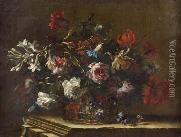 Bouquet De Fleurs Dans Un Panier Ajoure Oil Painting - Nicolas Baudesson
