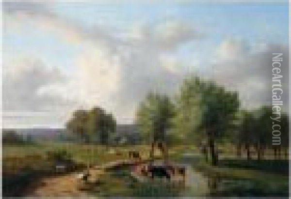 In The Meadows Oil Painting - Eugene Joseph Verboeckhoven
