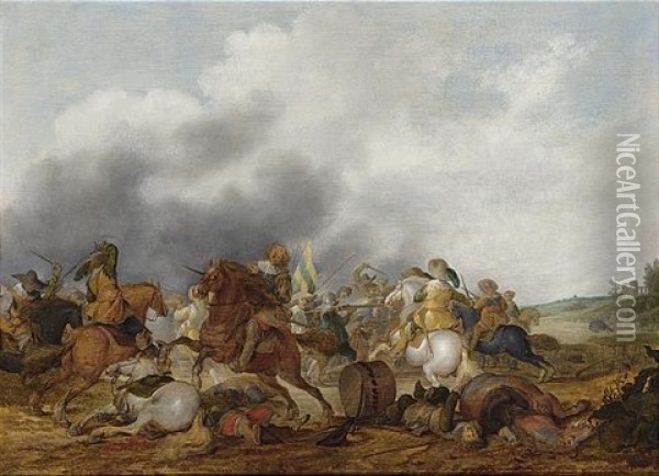 A Cavalry Battle Scene In An Open Field Oil Painting - Palamedes Palamedesz the Elder
