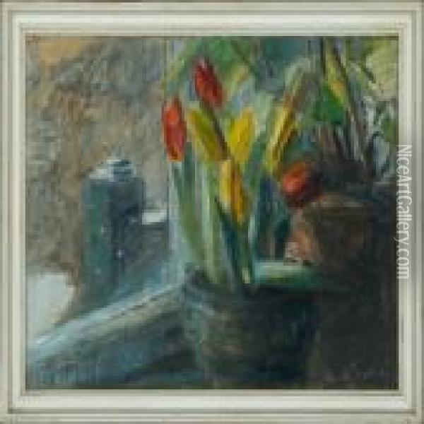 Tulips. Signed Aage Bertelsen Oil Painting - Aage Bertelsen