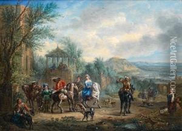 An Elegant Company Departing For The Hunt Oil Painting - Alexandre Paul Jos. Veron Bellecourt