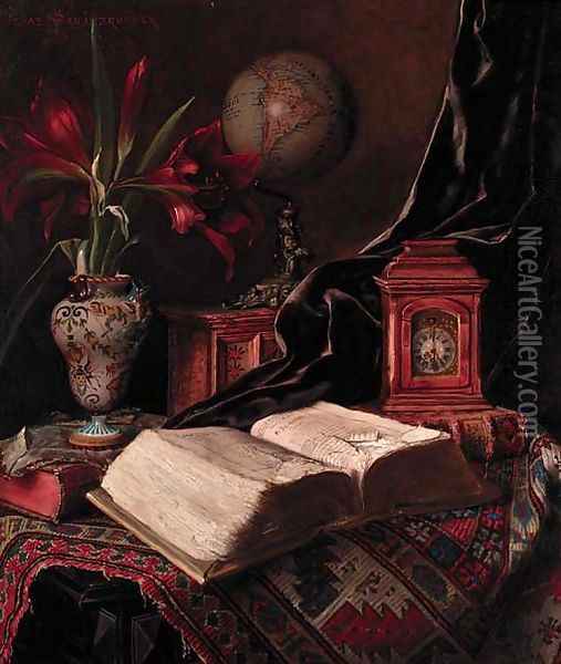 A globe, a vase of amaryllis, a book and a carriage clock on an oriental rug Oil Painting - Ignaz Schonbrunner