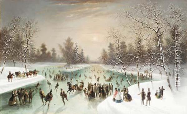 Skaters In A Snowy Landscape Oil Painting - Louis-Claude Mallebranche