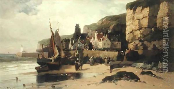 Fishing Village, Normandy Oil Painting - Jules G Bahieu