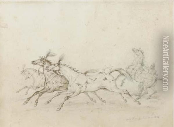 Three Circus Horses At The Gallop, A Fourth Restrained By Agroom Oil Painting - Carle Vernet