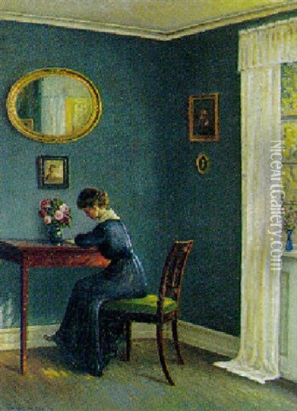 Interior Med Kvinde Ved Skrivebordet Oil Painting - Hans Hilsoe