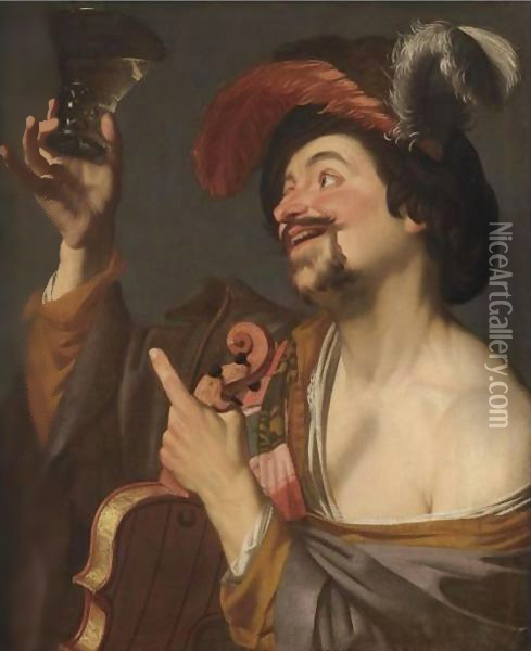 A Merry Violinist Holding A Roemer 2 Oil Painting - Gerrit Van Honthorst
