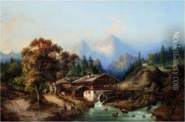 A Cabin Beneath The Mountains Oil Painting - Heinrich Jaeckel