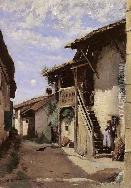 A Village Steeet, Dardagny Oil Painting - Jean-Baptiste-Camille Corot