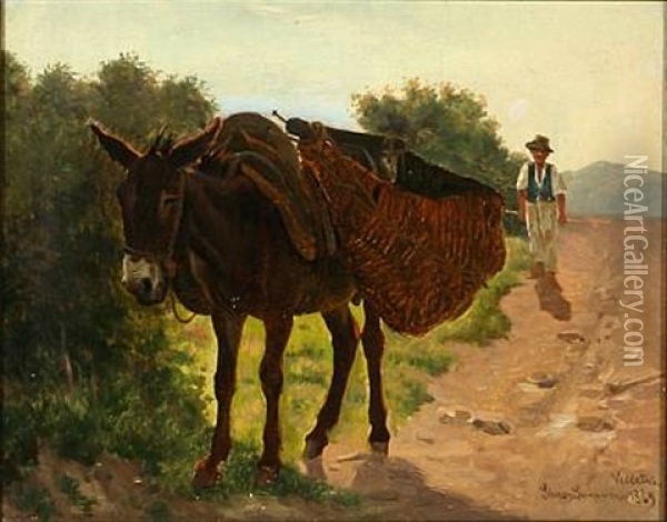 A Farmer And His Donkey At Velletri, Italy Oil Painting - Simon Simonsen