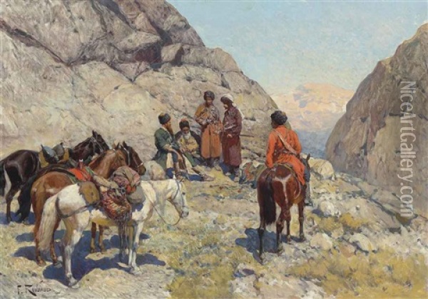 Meeting In The Caucasus Oil Painting - Franz Roubaud