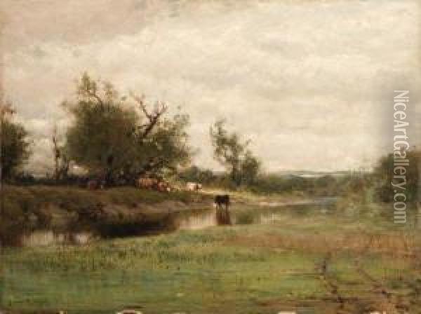 Cows Watering Along A Stream Oil Painting - Arthur Parton