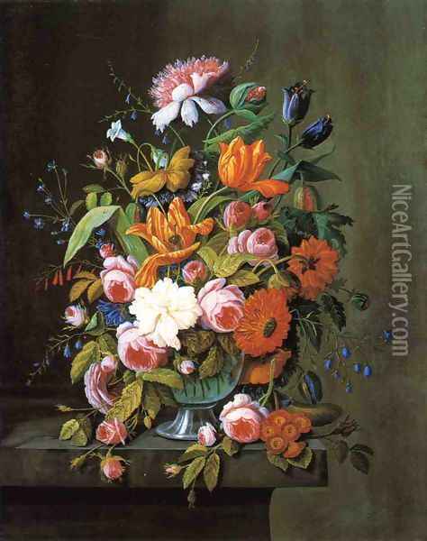 Summer Flowers in a Glass Bowl Oil Painting - Severin Roesen