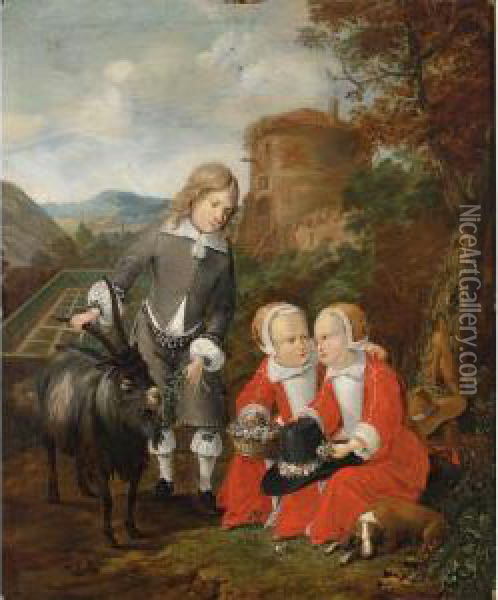 A Boy With A Goat And Twins In A
 Forest Landscape With A View Of A Formal Garden Beyond, Said To Be The 
Children Of Graf Hochberg Oil Painting - Johan Heinrich Roos
