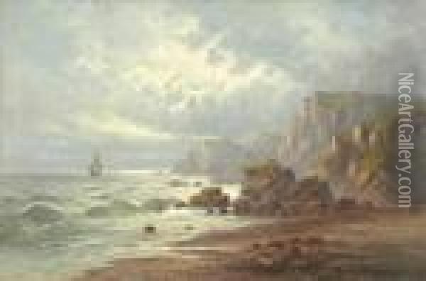 Fishingboats And Sailing Ships Off A Rocky Coastline Oil Painting - Sidney Yates Johnson