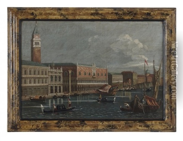 Venetian Canal Scene With A View Of St. Mark's Cathedral Oil Painting - Giuseppe Ponga