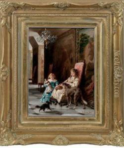Spielende Madchen Mit Hunden Oil Painting - Luigi Crosio