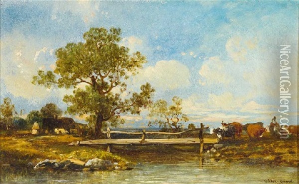 Sommertag Auf Dem Land Mit Weidenden Kuhen, Malerischem Baum Und Gehoft In Flusslandschaft Oil Painting - Leon Victor Dupre