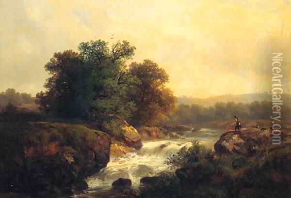 An Alpine Landscape With A Boy Standing Near A River Oil Painting - Karl Millner