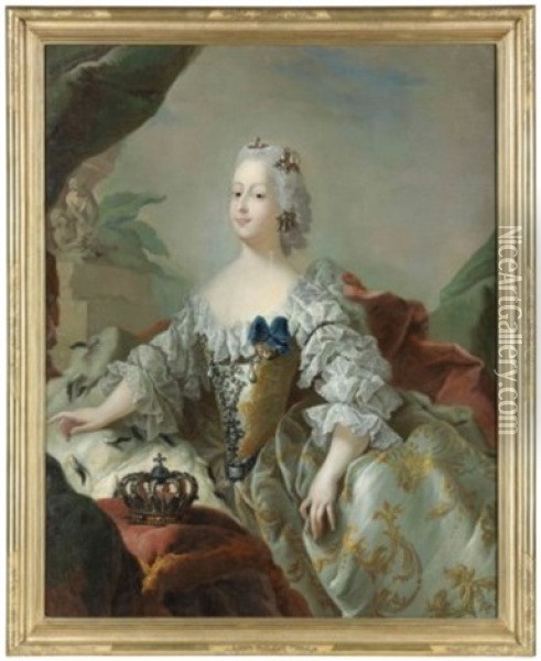 Portrait Of Louisa, Queen Of Denmark (1724-1751), Half-length, In A Gold Embroidered White Silk Dress Set With Precious Stones And Pearls, With An Ermine-lined Red Cape, Pearl Earrings And Headdress Oil Painting - Carl Gustav Pilo