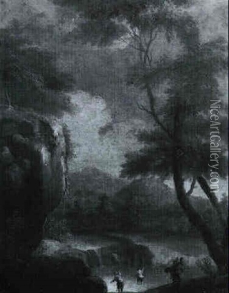 Flusslandschaft Mit Wasserfall Und Figuren Oil Painting - Joachim Franz Beich