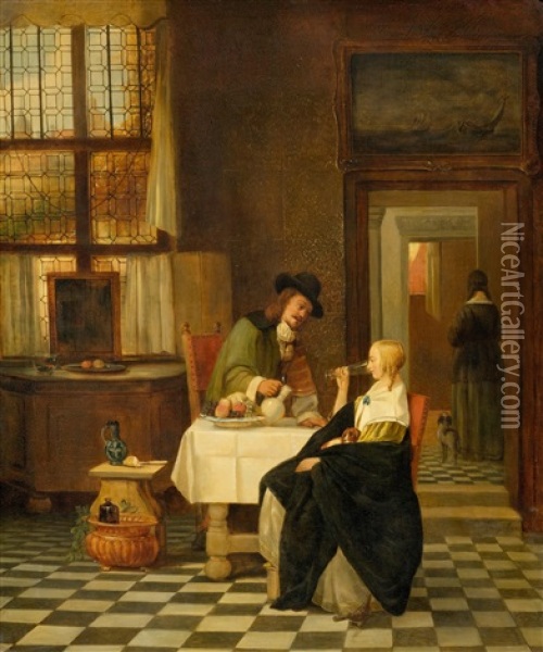 An Interior Scene With Elegant Figures At A Table Oil Painting - Jean Auguste Henri Baron Leys