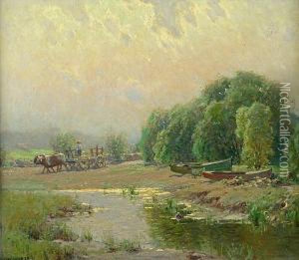 Cart By A Brook Oil Painting - Alexis Jean Fournier