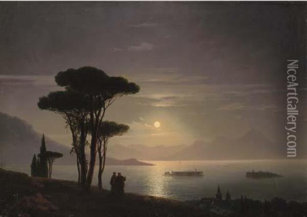 View Of Lake Maggiore And Isola Bella By Moonlight Oil Painting - Ivan Konstantinovich Aivazovsky