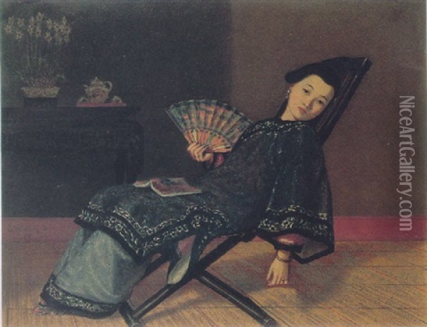 Oriental Lady With Fan Oil Painting - Enoch Wood Perry