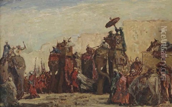 A Procession With Elephants, India Oil Painting - Marius Bauer