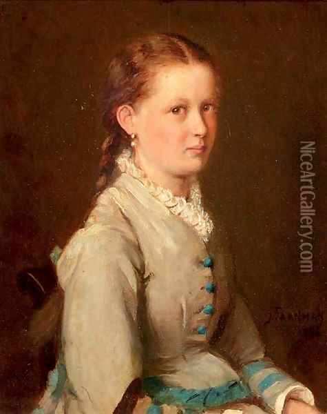 Portrait of a girl in a blue and white dress Oil Painting - Jacob Taanmann