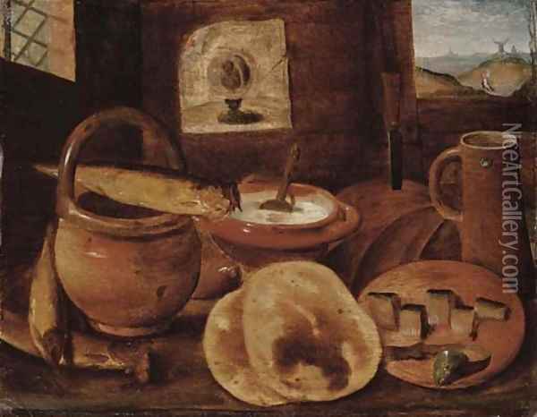 A poor man's meal a loaf of bread, porridge, buns and a herring on a wooden table Oil Painting - Hieronymus Francken