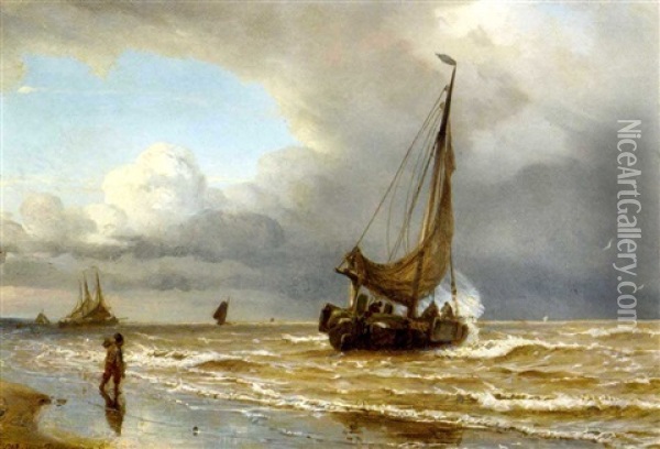 Sailing Vessels In The Surf Oil Painting - Willem Anthonie van Deventer