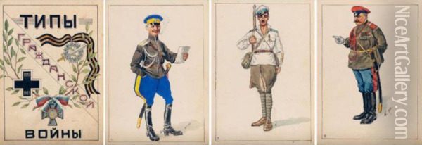 Types From The Civil War, 1920-21: A Group Seventeen Military Caricatures With Original Frontispiece And Index Leaf Oil Painting - Victor Gebauer