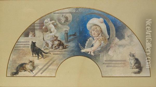 Femme Au Croissant De Lune Et Chats (projet D'eventail). Oil Painting - Edmund Edel