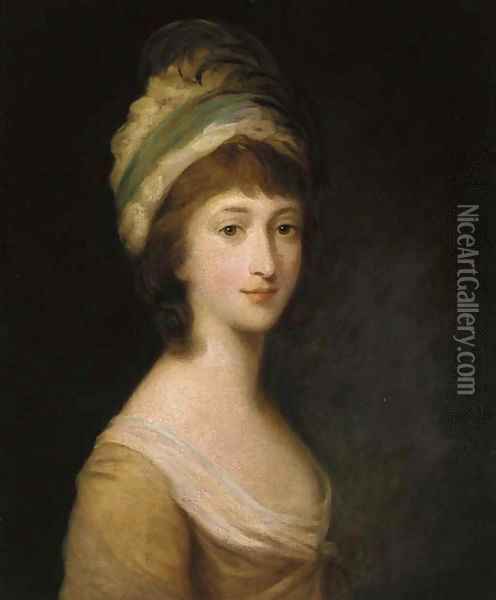 Portrait of Miss Anne Crawley, bust-length, in a yellow dress and feathered cap Oil Painting - Francis Wheatley