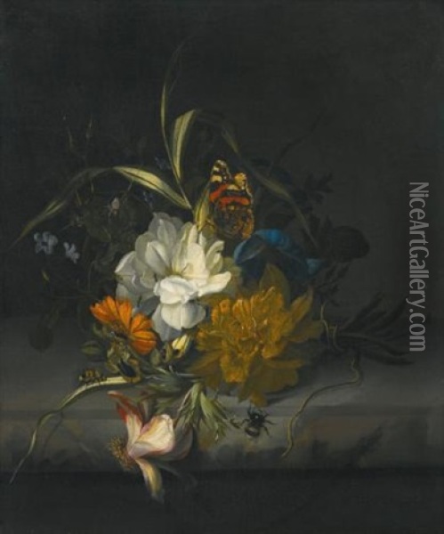 Still Life With Marigolds, Morning Glory, A Passion Flower And Other Assorted Flowers, Together With Insects On A Stone Ledge Oil Painting - Rachel Ruysch