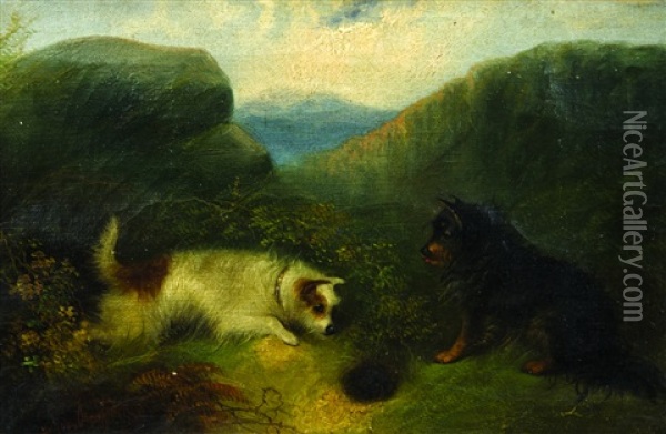 Two Dogs In Landscape Oil Painting - George Armfield