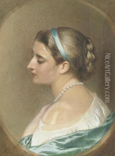 Portrait Of A Girl, In Profile To The Left, Her Hand Clasping Apearl Necklace Oil Painting - Edward Tayler